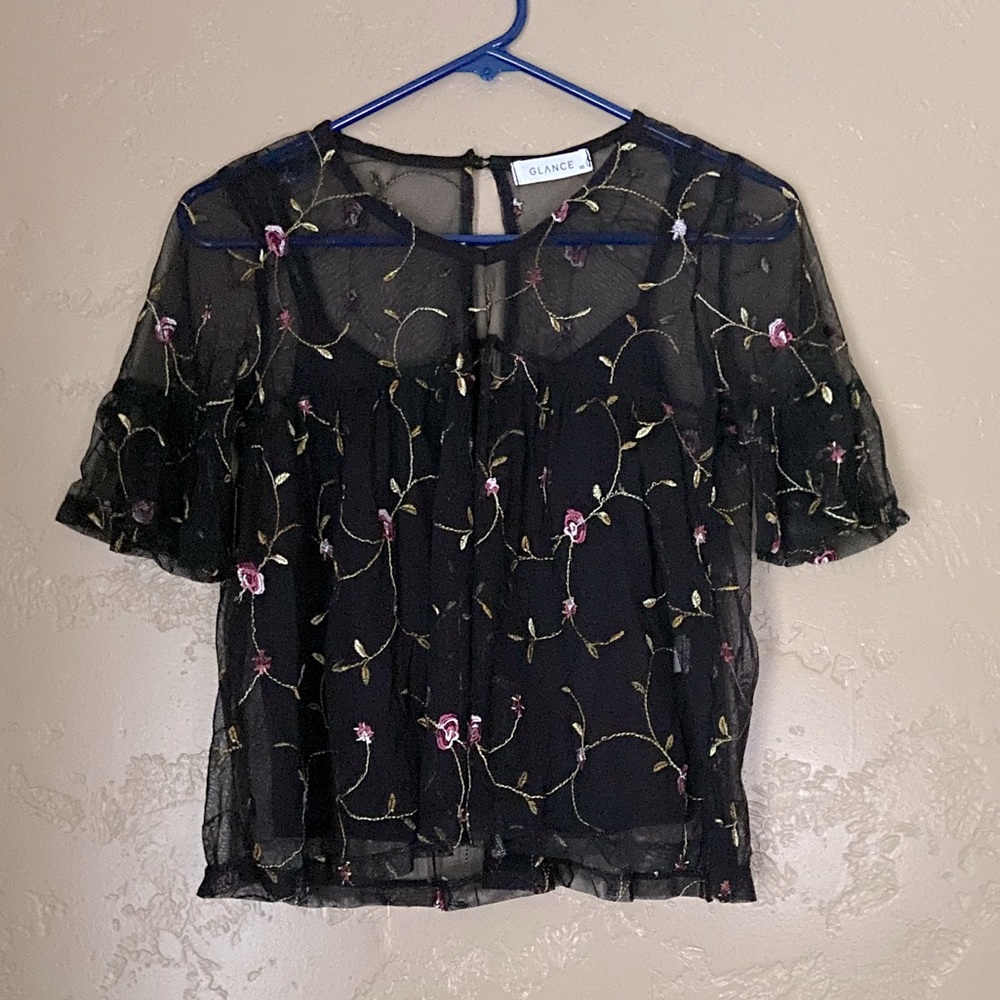 GLANCE Black/Embroidered Flower Mesh Blouse and Tank